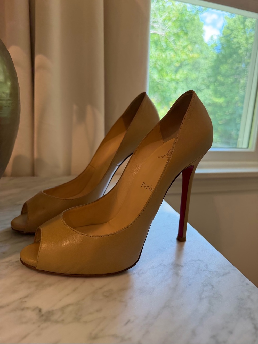 Christian Louboutin Beige Peep-Toe Stiletto Pumps with Red Sole 120